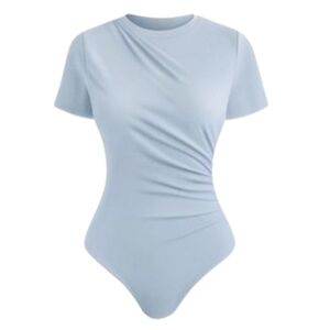 NWOT: Blue, Elegant, ruched, short sleeve, snap closure, bodysuits (10 Colors)